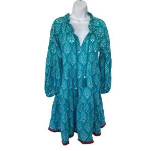 Tuckernuck Tropical Teal Latern Block Print Tie Neck Coverup Dress Sz M